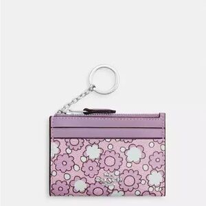 Coach Mini Skinny Purple Floral ID Card Holder with Silver Accent NWT